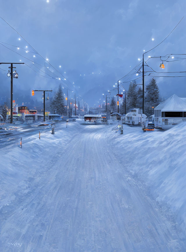 Snow-covered street at dusk with tire tracks, illuminated shops, and mountainous backdrop