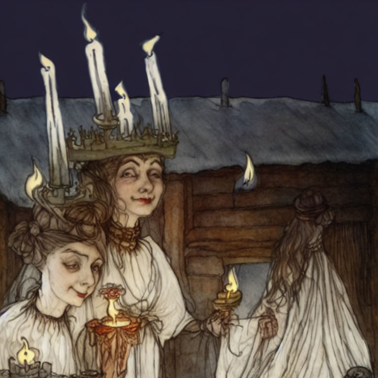 Whimsical characters with lit candles in old-fashioned attire on dark background