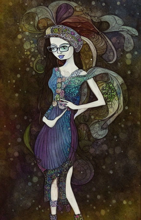 Colorful Bespectacled Female Figure in Patterned Dress on Dark Swirled Background