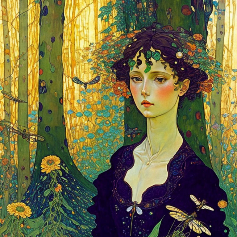 Art Nouveau Style Illustration: Woman with Dark Hair in Forest with Dragonflies and Flowers