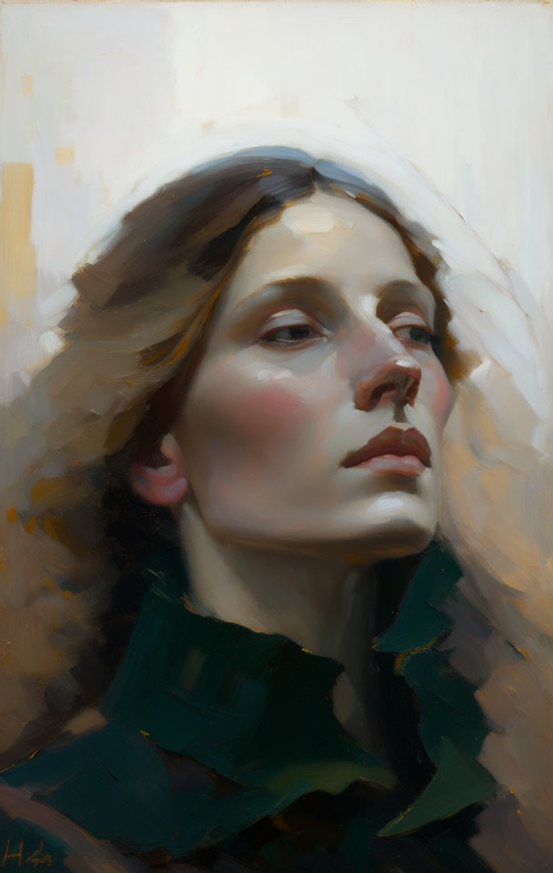 Portrait of Woman with Upward Gaze in Soft Lighting and Warm Tones