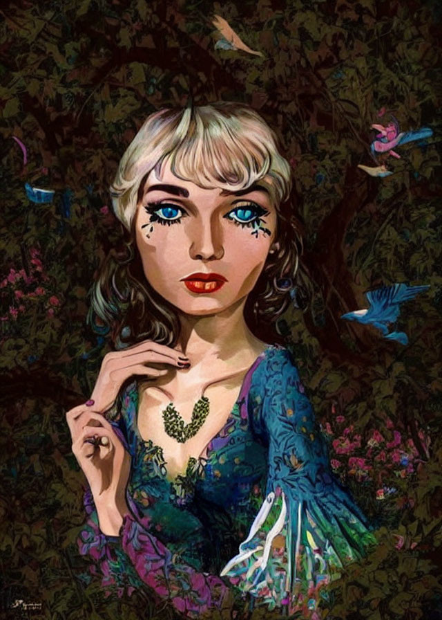 Illustrated portrait of woman with blue eyes and blonde hair in blue dress, set in dark floral background