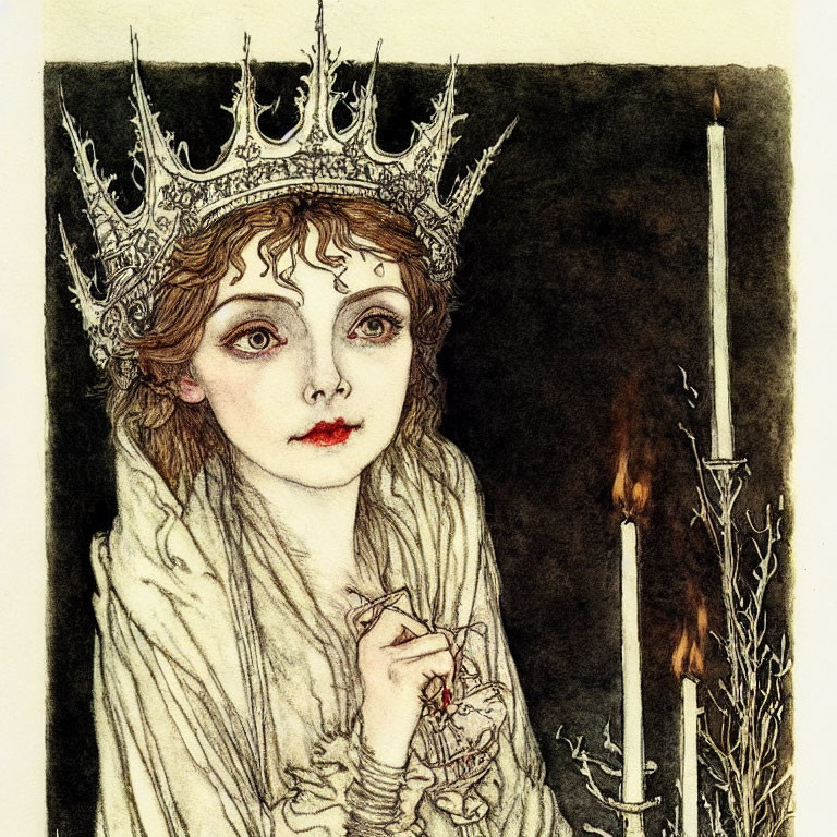 Pale wide-eyed woman with crown holding slender spear with flame - Illustration