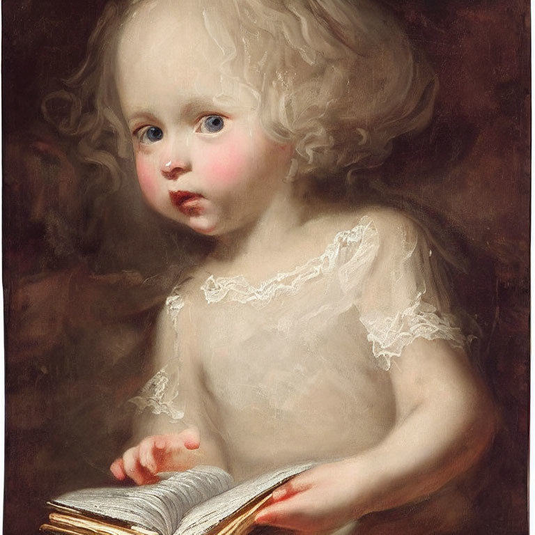 Cherubic child with curly hair holding book in delicate lace attire
