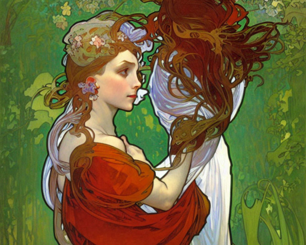 Art Nouveau style illustration of woman with red hair and white blossoms on green background