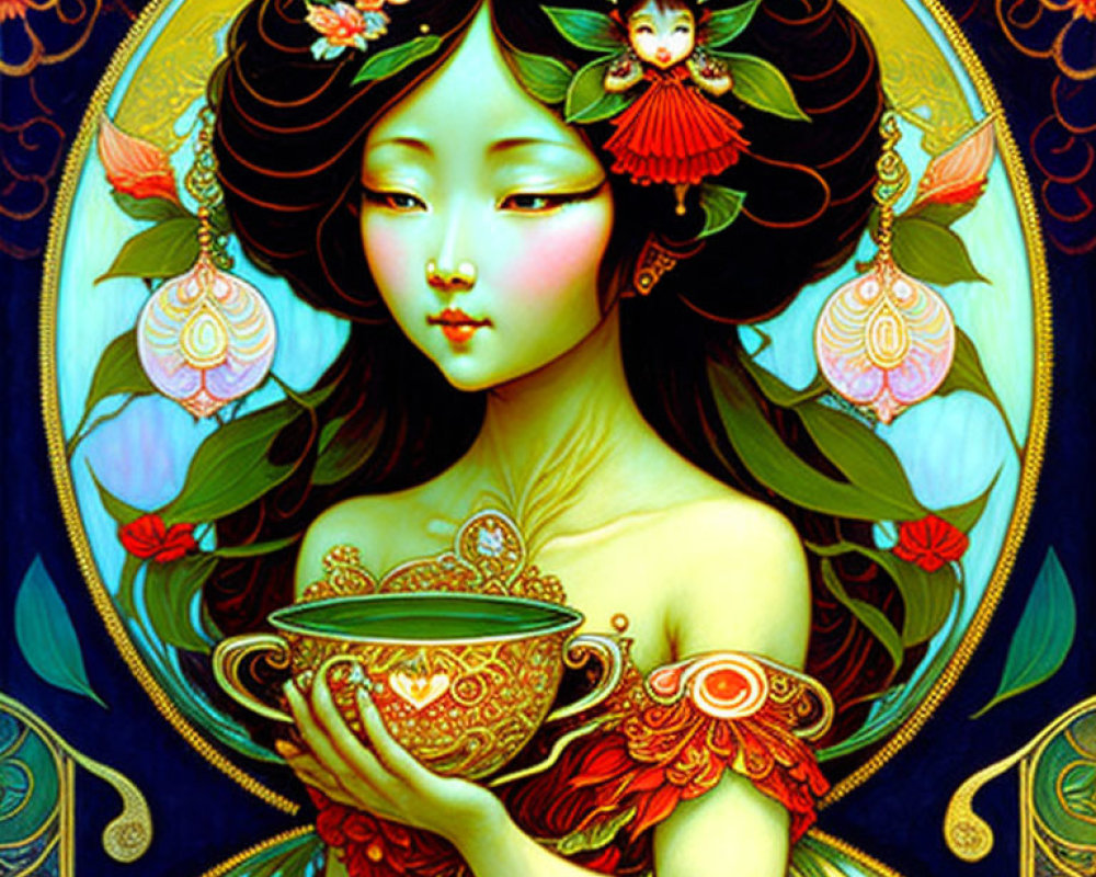 Illustration of woman with styled hair and floral adornments holding ornate cup, featuring vibrant colors and