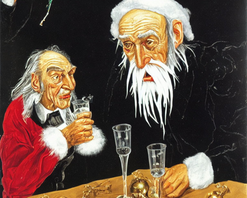 Elderly Men Caricatures Toasting with Champagne at Christmas Table