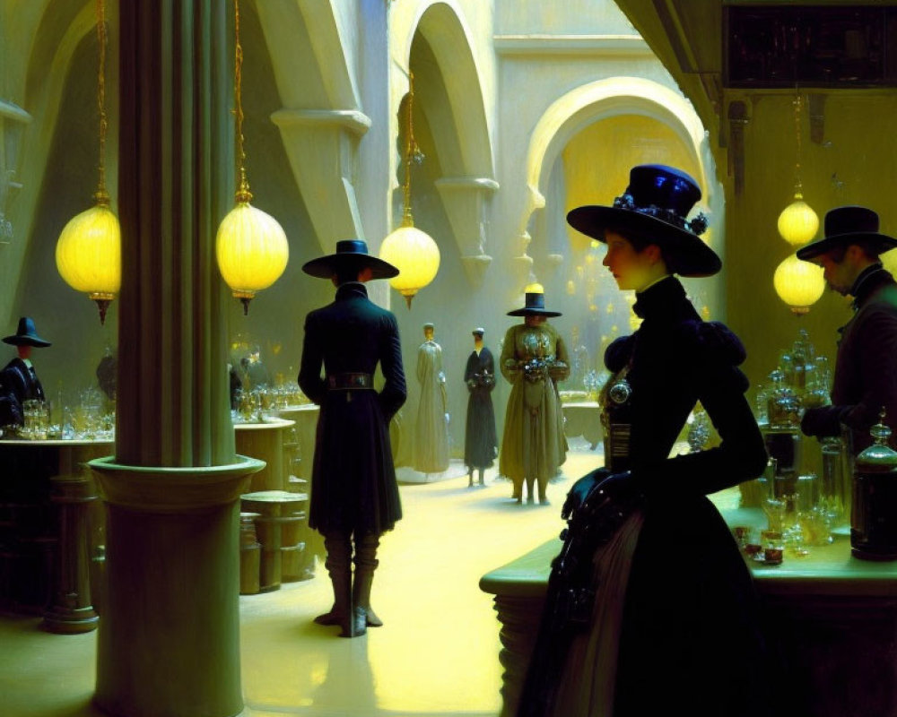 Victorian scene with people in period clothing under warm, glowing lights