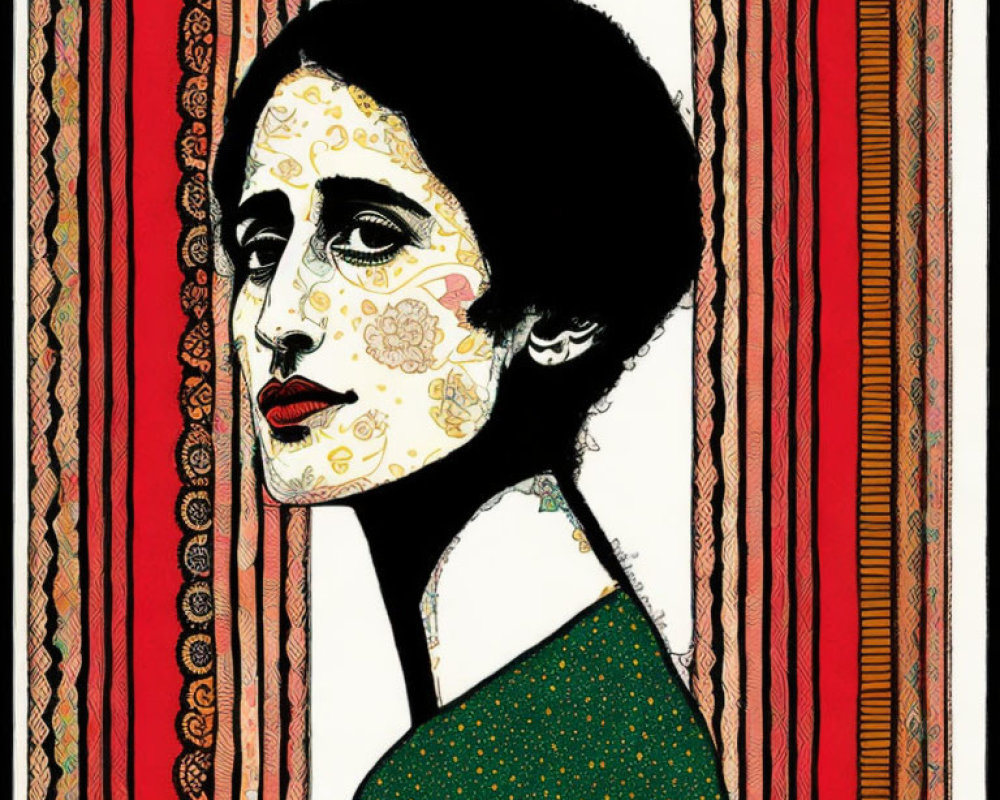 Profile view woman illustration with patterned motifs on red-striped background.