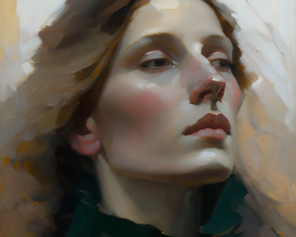 Portrait of Woman with Upward Gaze in Soft Lighting and Warm Tones