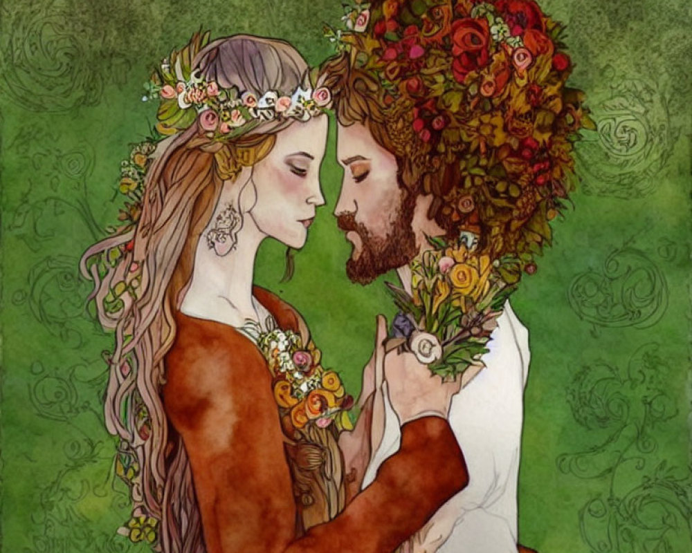 Illustration of embracing couple with floral crowns and beard, set in botanical backdrop