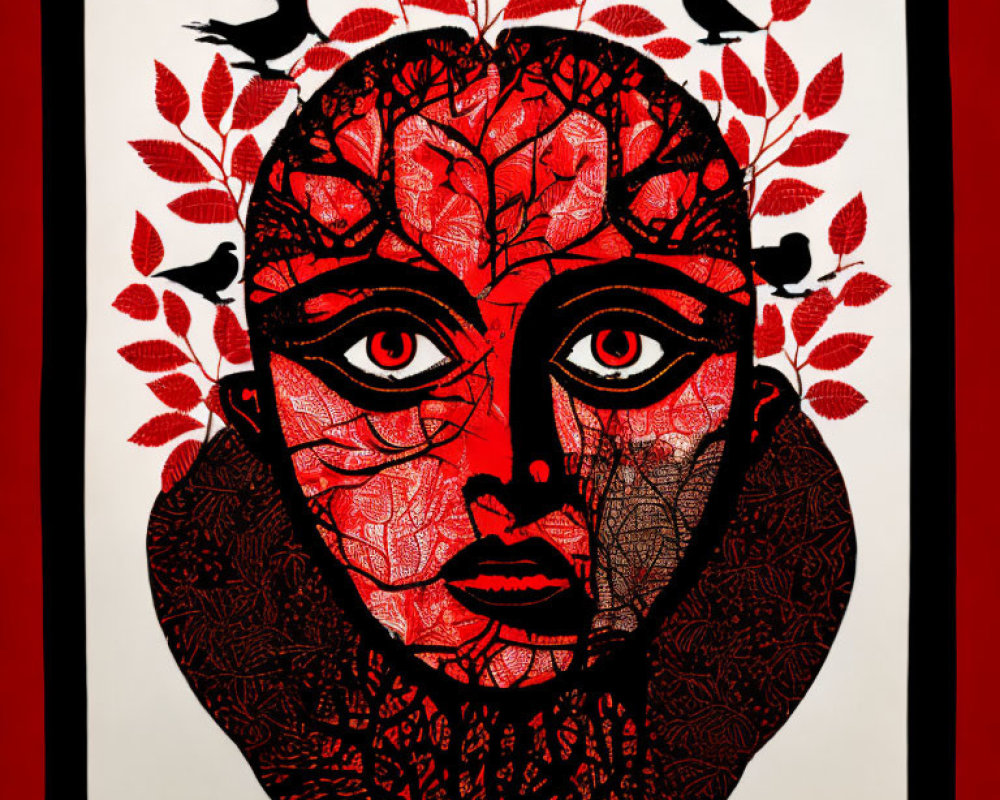 Red and Black Human Face Art with Tree Branches and Birds