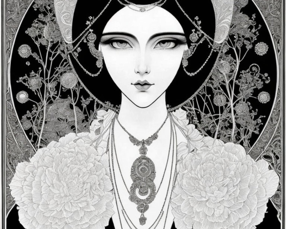 Monochromatic illustration of woman with headdress and floral motifs