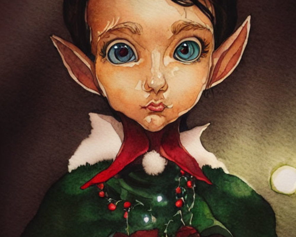 Wide-eyed elf character holding a gift in Christmas outfit with holly decorations