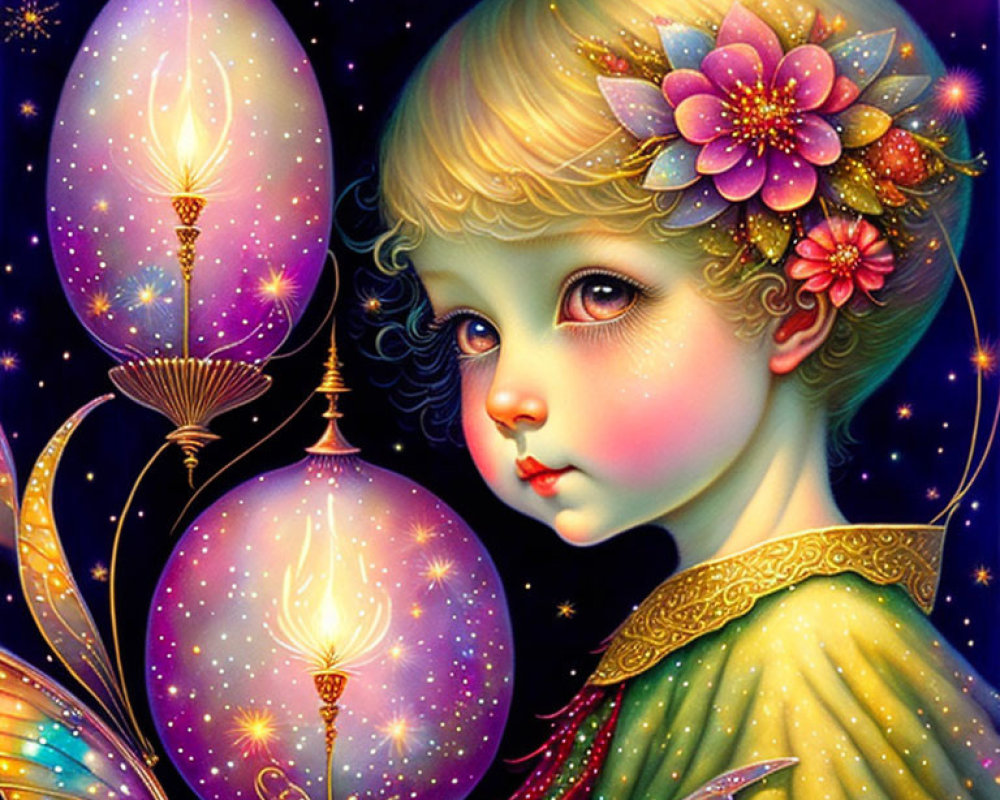 Whimsical illustration of child with lanterns in celestial setting