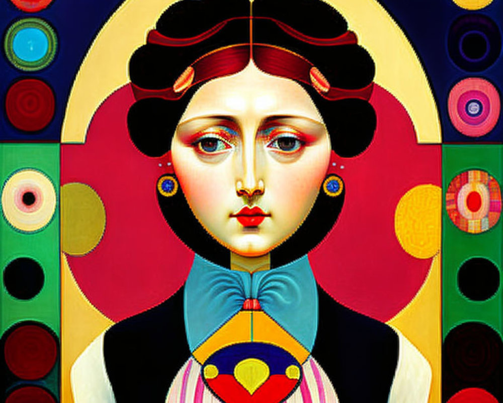Stylized woman portrait with large, expressive eyes and colorful geometric background