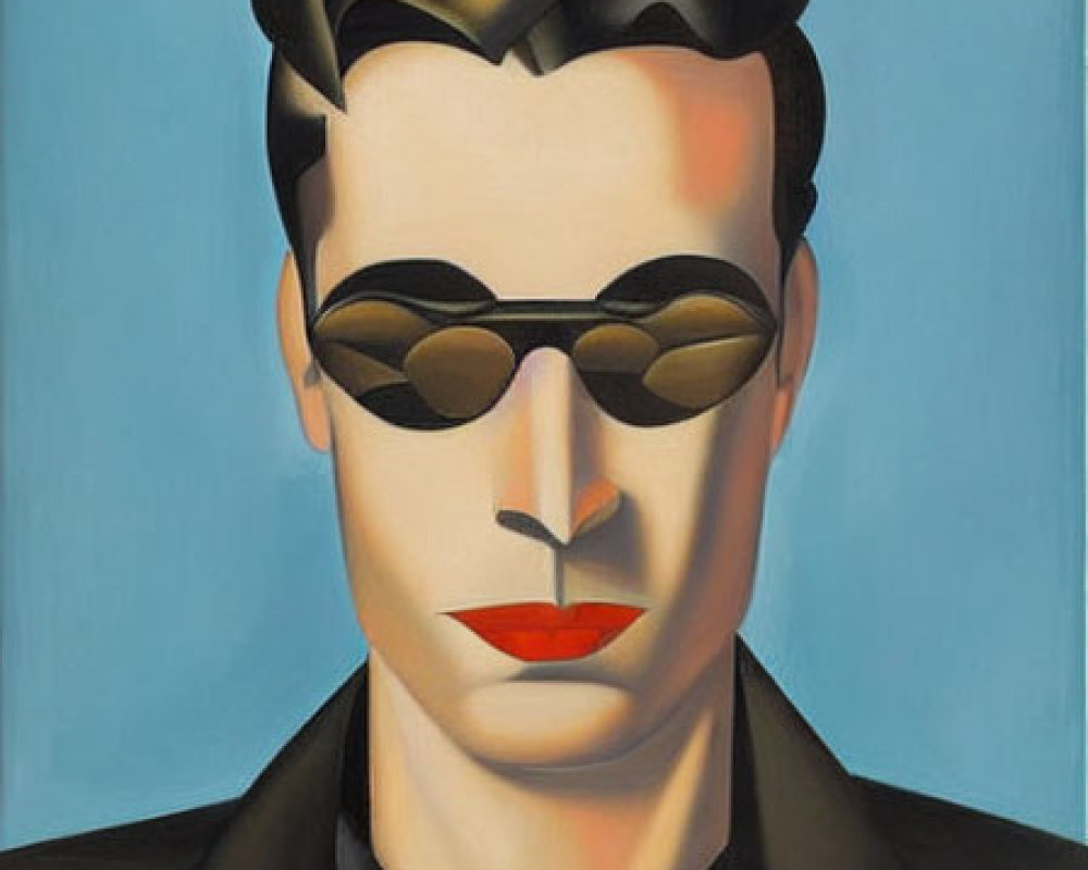 Man in suit with sunglasses and red lipstick mark on cheek on blue background