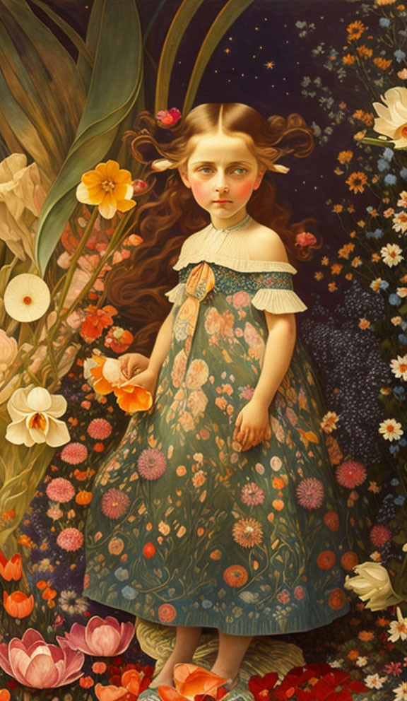 Young girl with flower in hand among floral backdrop under starry sky