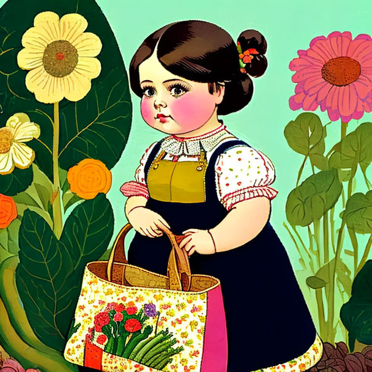 Young girl with rosy cheeks in blue dress holding flower basket