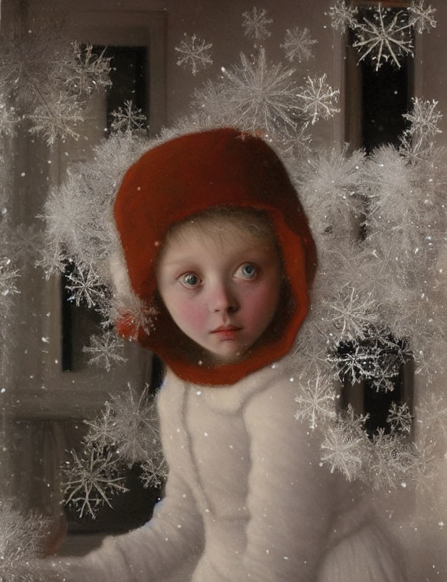 Child in Red Hat and White Outfit Surrounded by Intricate Snowflakes