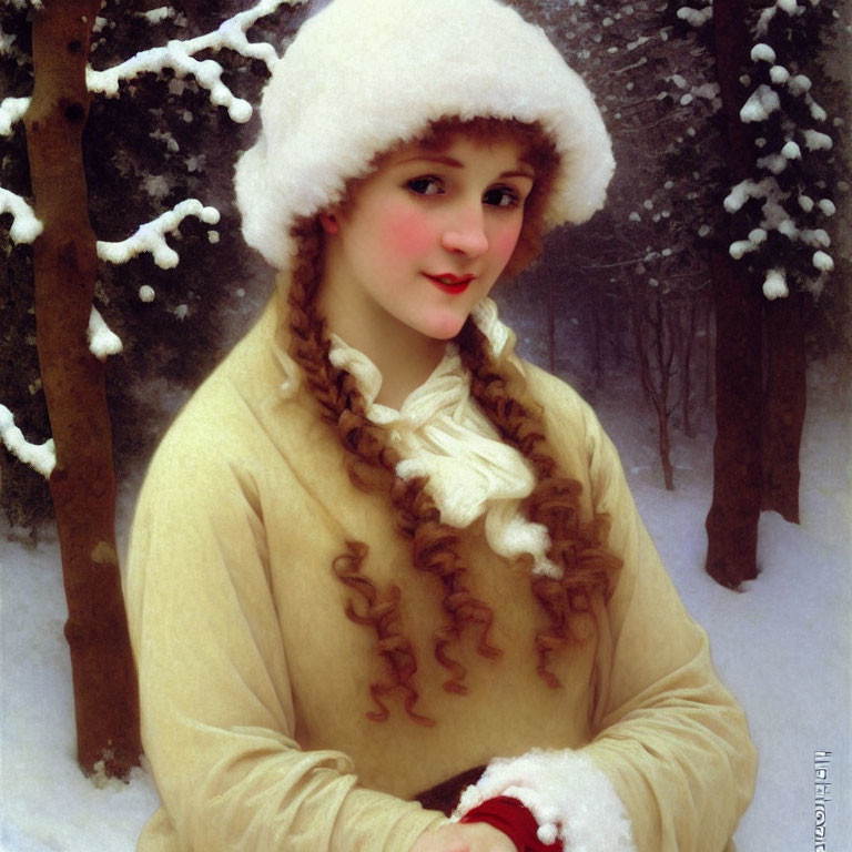 Woman in white hat and braided hair smiles in snowy forest scene