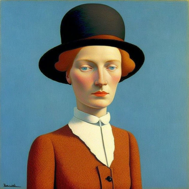 Portrait of stern person with red hair in orange attire and top hat on blue background.