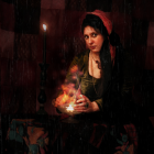 Serene woman in dark cloak holding a candle in soft glow