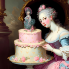 18th-Century Woman in Dress Pointing at Tiered Cake with Figurine