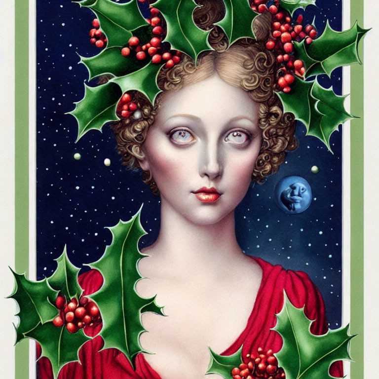 Illustration of woman with curly hair in red dress and holly, under crescent moon