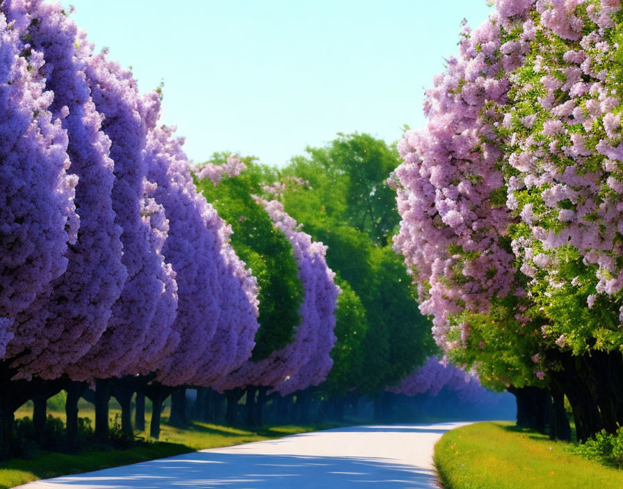 Scenic Tree-Lined Road with Purple Flowering Trees