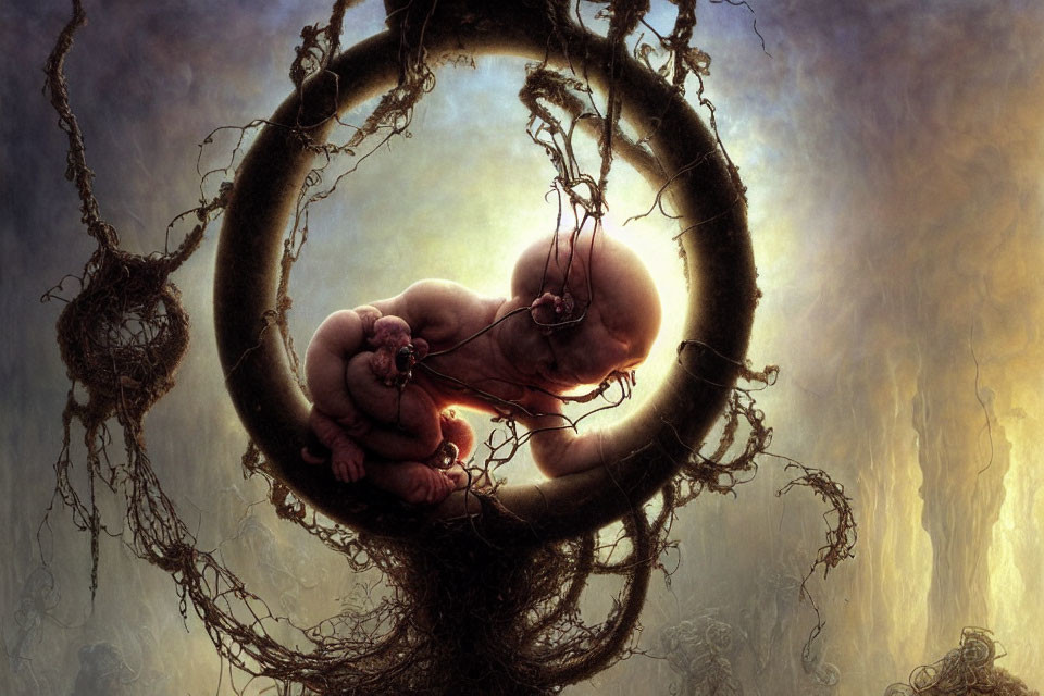 Surreal artwork of fetus in circular vine structure on misty backdrop