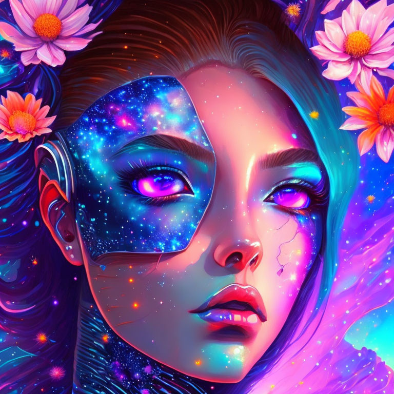 Colorful woman with cosmic face and floral swirls in vibrant illustration
