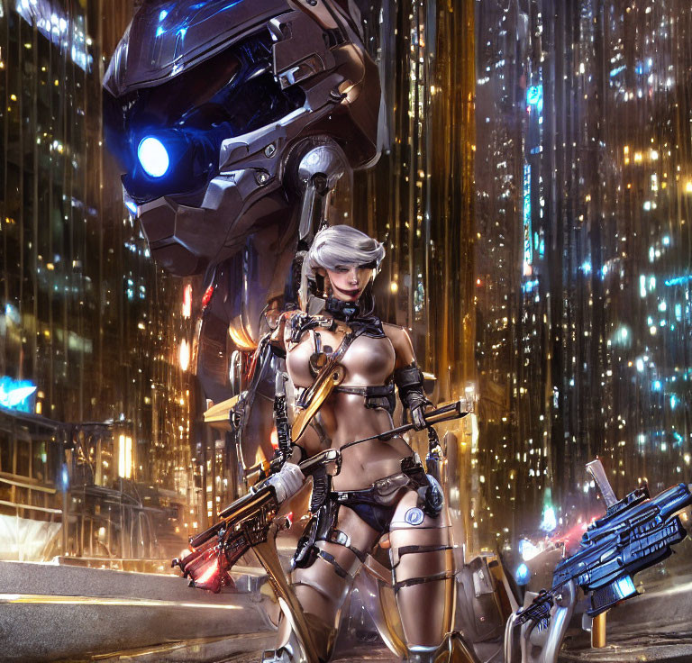 Silver-haired female warrior in futuristic armor with robot sentinel in neon cityscape