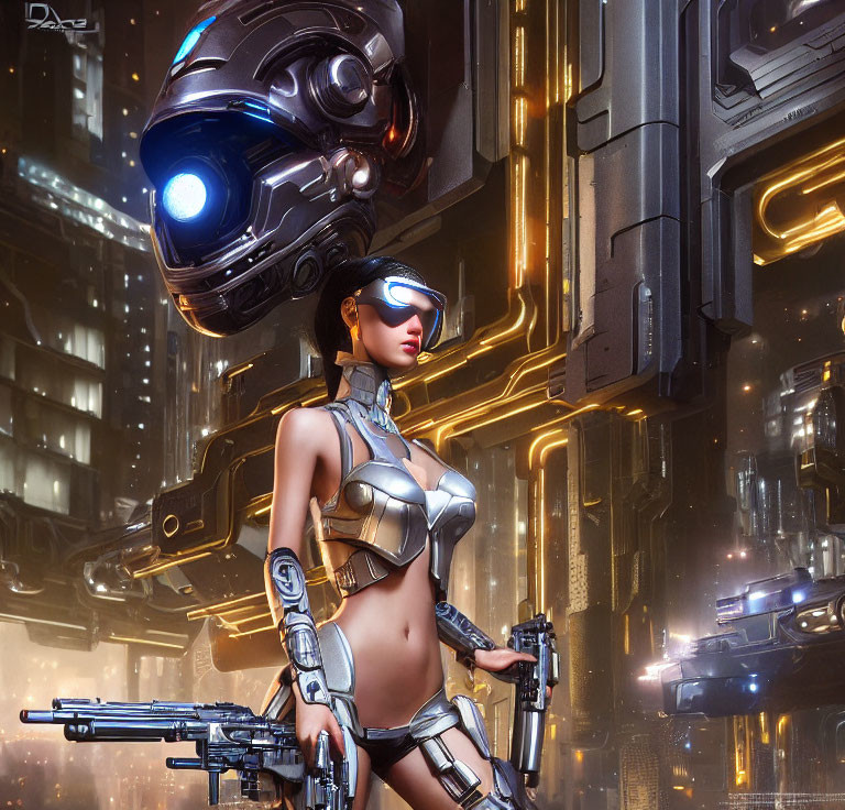 Female Cyborg in Helmet and Visor with Blaster Gun in Neon Cityscape