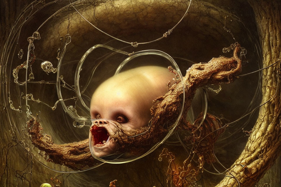 Surreal artwork: Baby head in bubble with tendril, earth-toned backdrop
