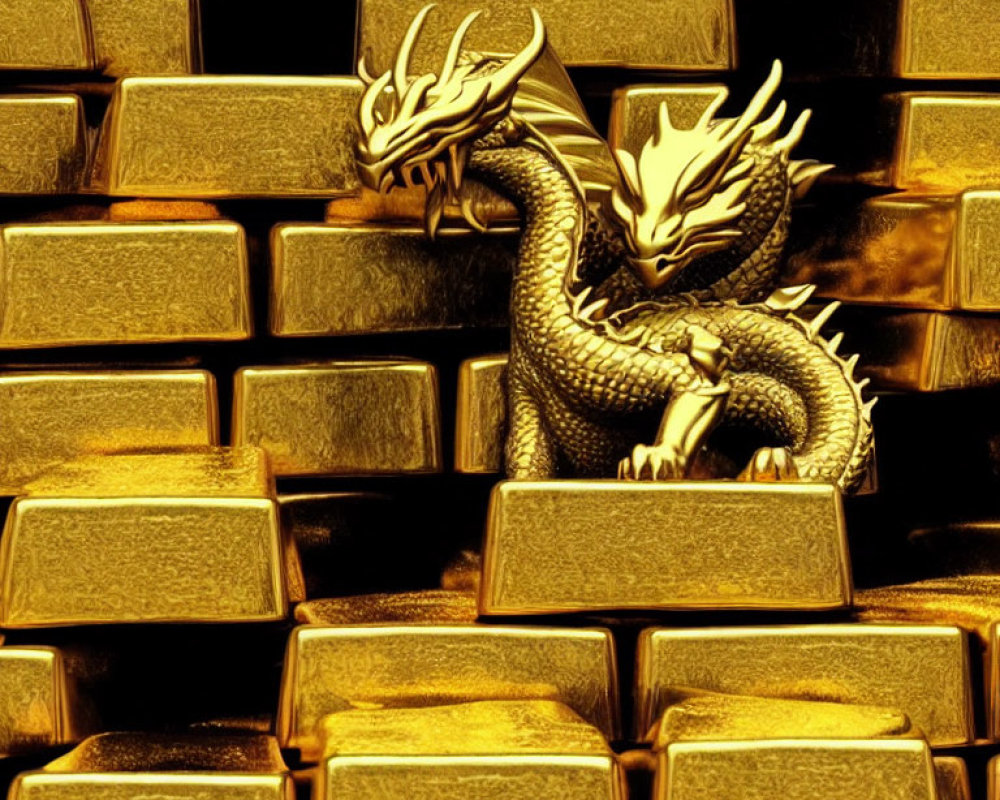 Metallic Dragon Figurine atop Stacked Gold Bars