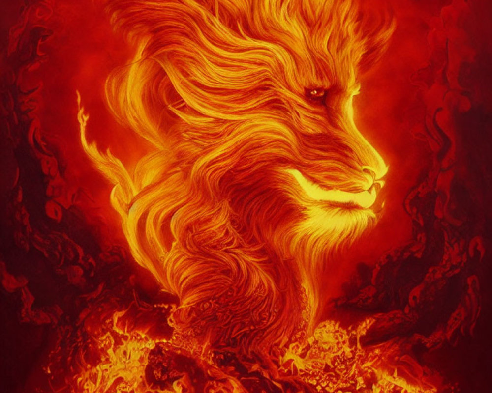 Majestic lion made of flames and smoke in fiery sea