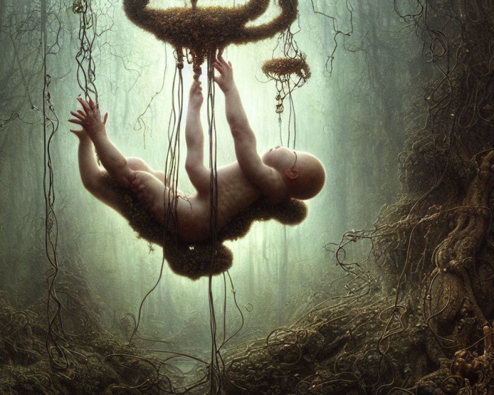 Surreal painting of baby in moss-covered forest with floating structures
