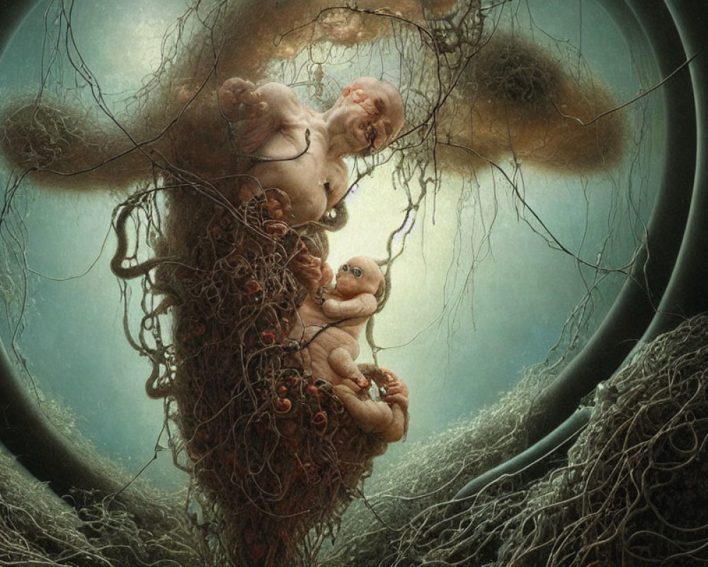 Surreal humanoid figures among twisted roots in circular frame