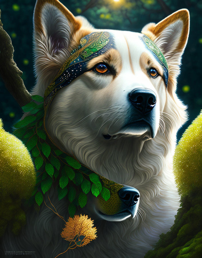 Illustrated white and tan dog with mystical headpiece in sunlit forest.