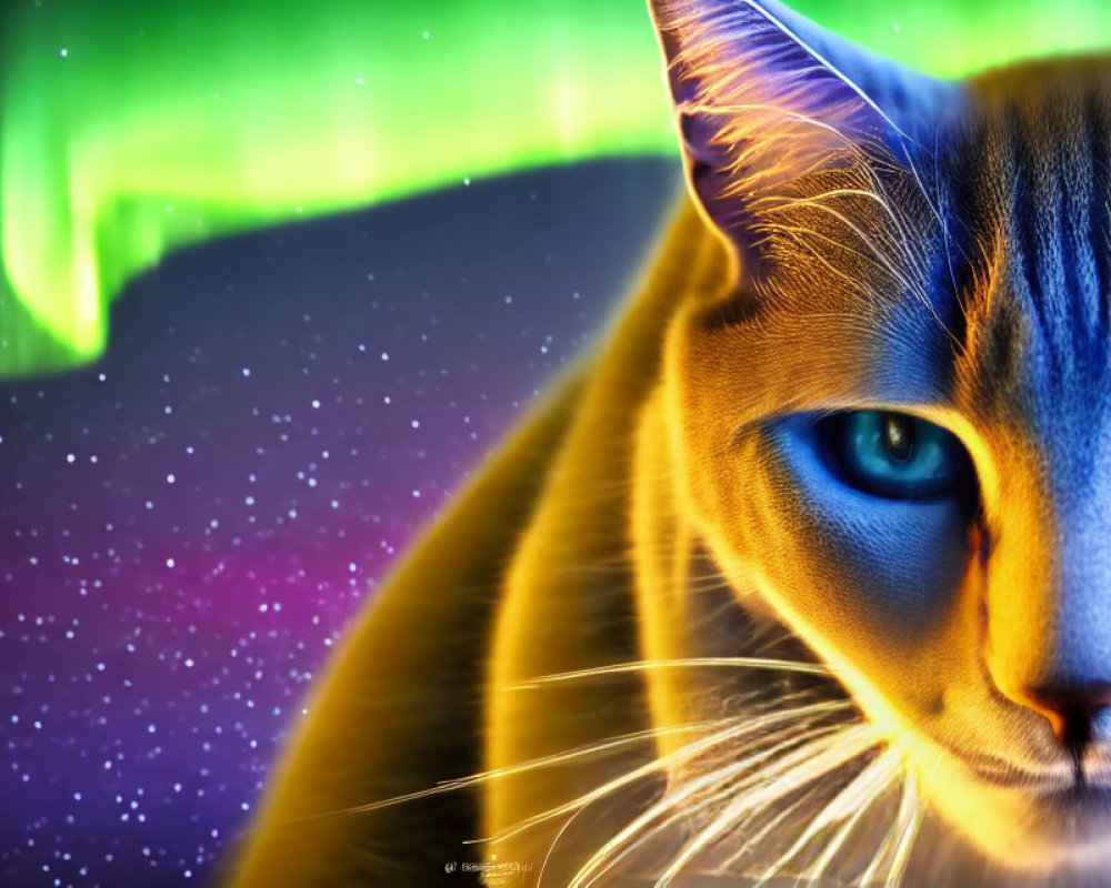 Close-up of a cat with blue eyes on cosmic background with green aurora and stars