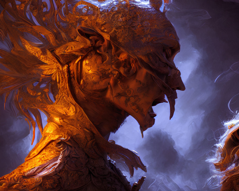 Intricate Golden Armored Figure in Fiery Ambiance