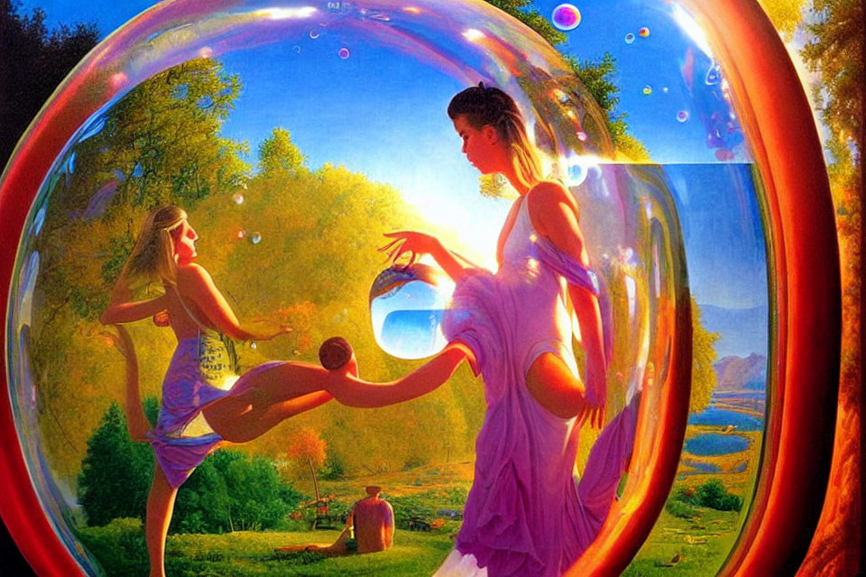 Surrealist painting of women in flowing dresses inside a bubble landscape