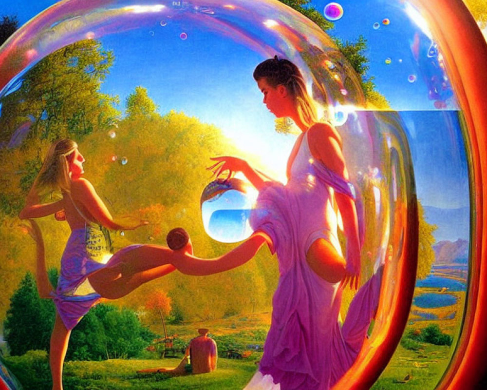 Surrealist painting of women in flowing dresses inside a bubble landscape