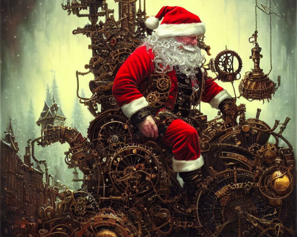 Steampunk-style Santa Claus on intricate gear throne.