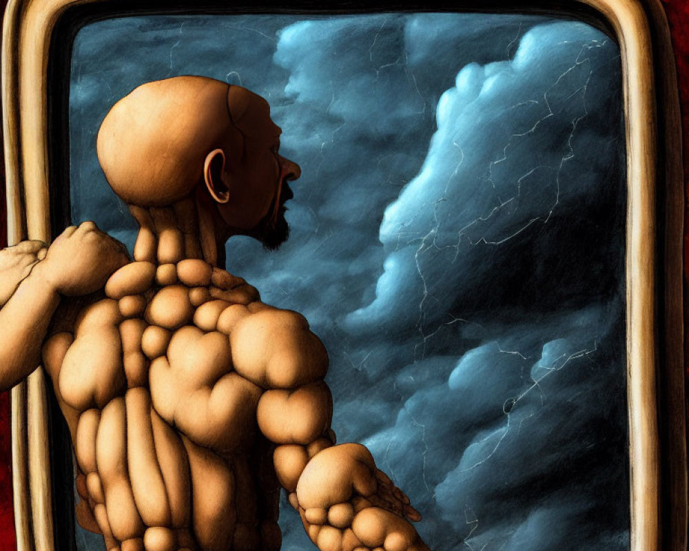 Bald muscular figure looking at stormy sky with lightning