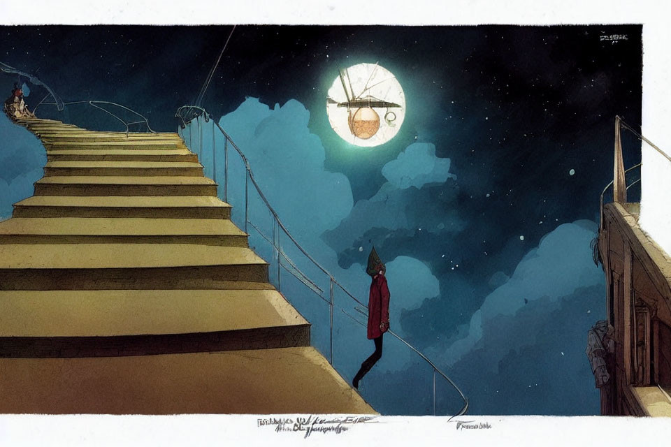 Person in Red Jacket Descends Grand Staircase at Night