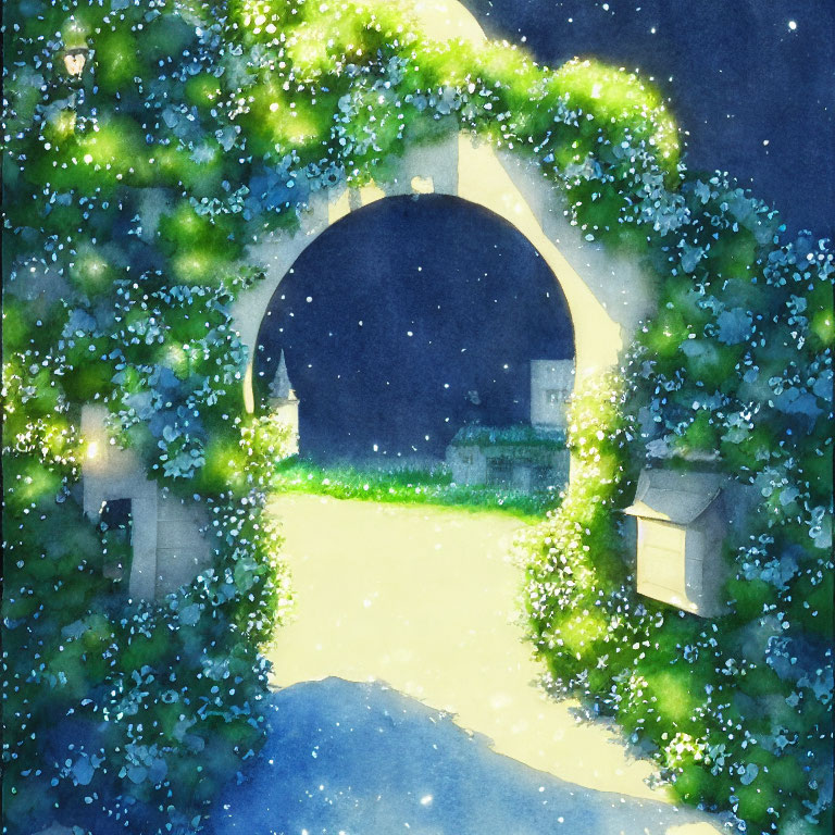 Lush greenery and twinkling lights in an arched tunnel under a starry night
