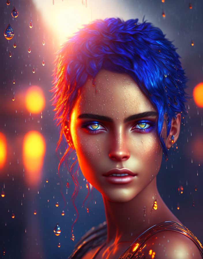 Vibrant blue hair and eyes in golden light with raindrops