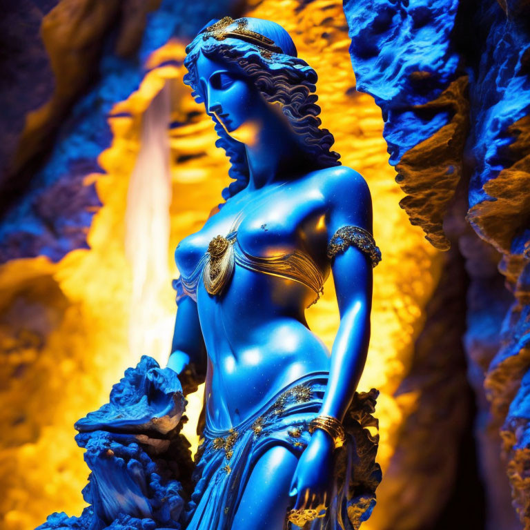 Intricately adorned woman statue with blue and gold elements on rocky background